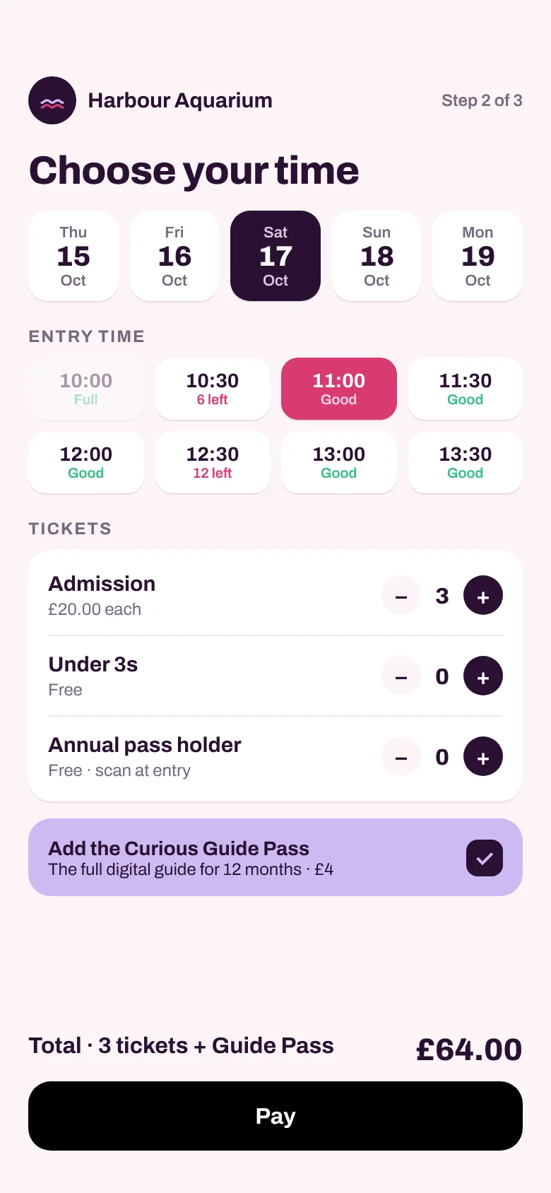 Choosing an entry time and tickets on a phone