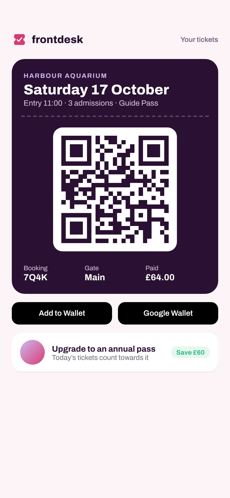 A ticket with a QR code, ready to add to the phone's wallet